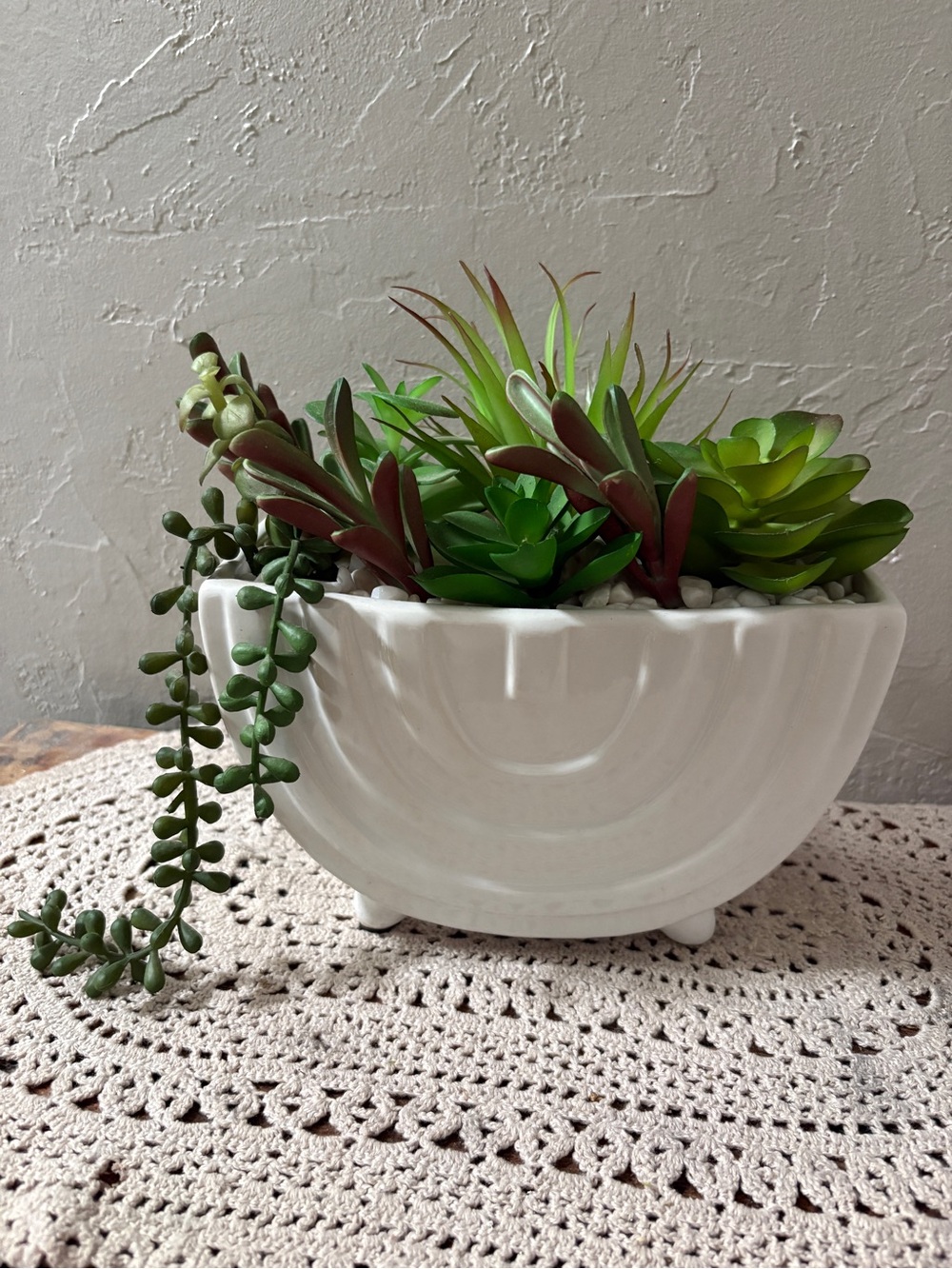 White Ceramic Succulent Planter with Green Faux Succulents